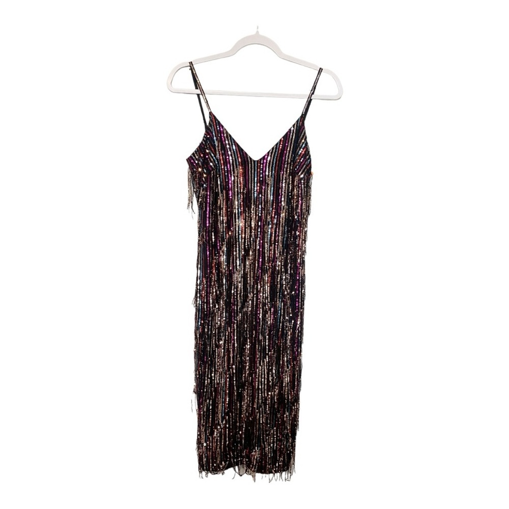 DRESS THE POPULATION Yvonne Rainbow Sequin Fringe Midi Dress Sz Medium - Picture 4 of 12